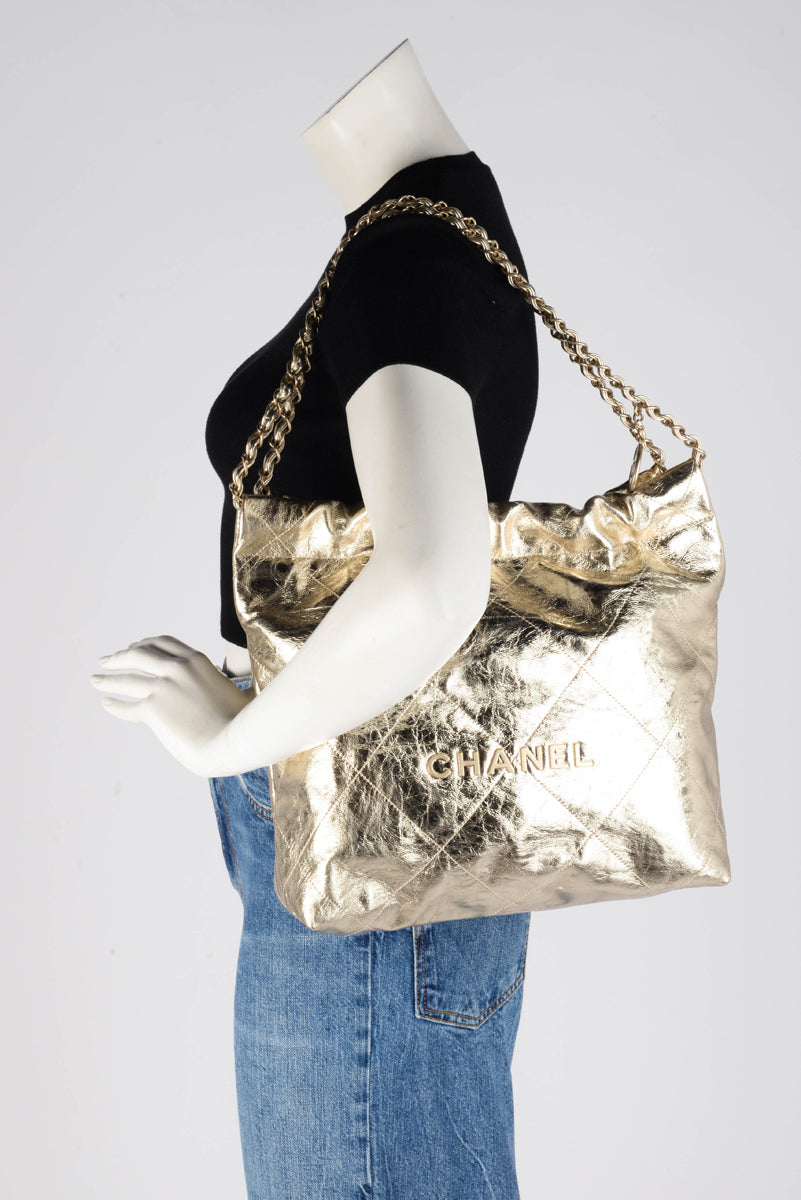 Chanel Light Gold Metallic Crumpled Calfskin Small 22 Bag
