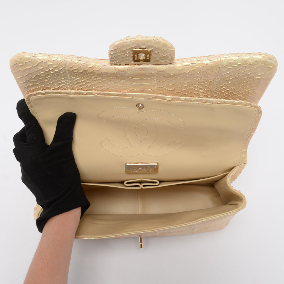 Chanel Light Beige Iridescent Python Large Double Flap Bag