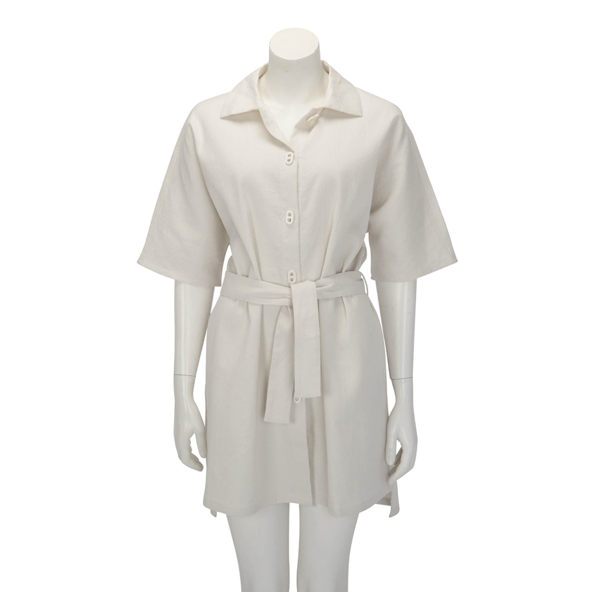 Hermes Blanc Ecume Cotton Crepon Belted Shirt Dress FR34
