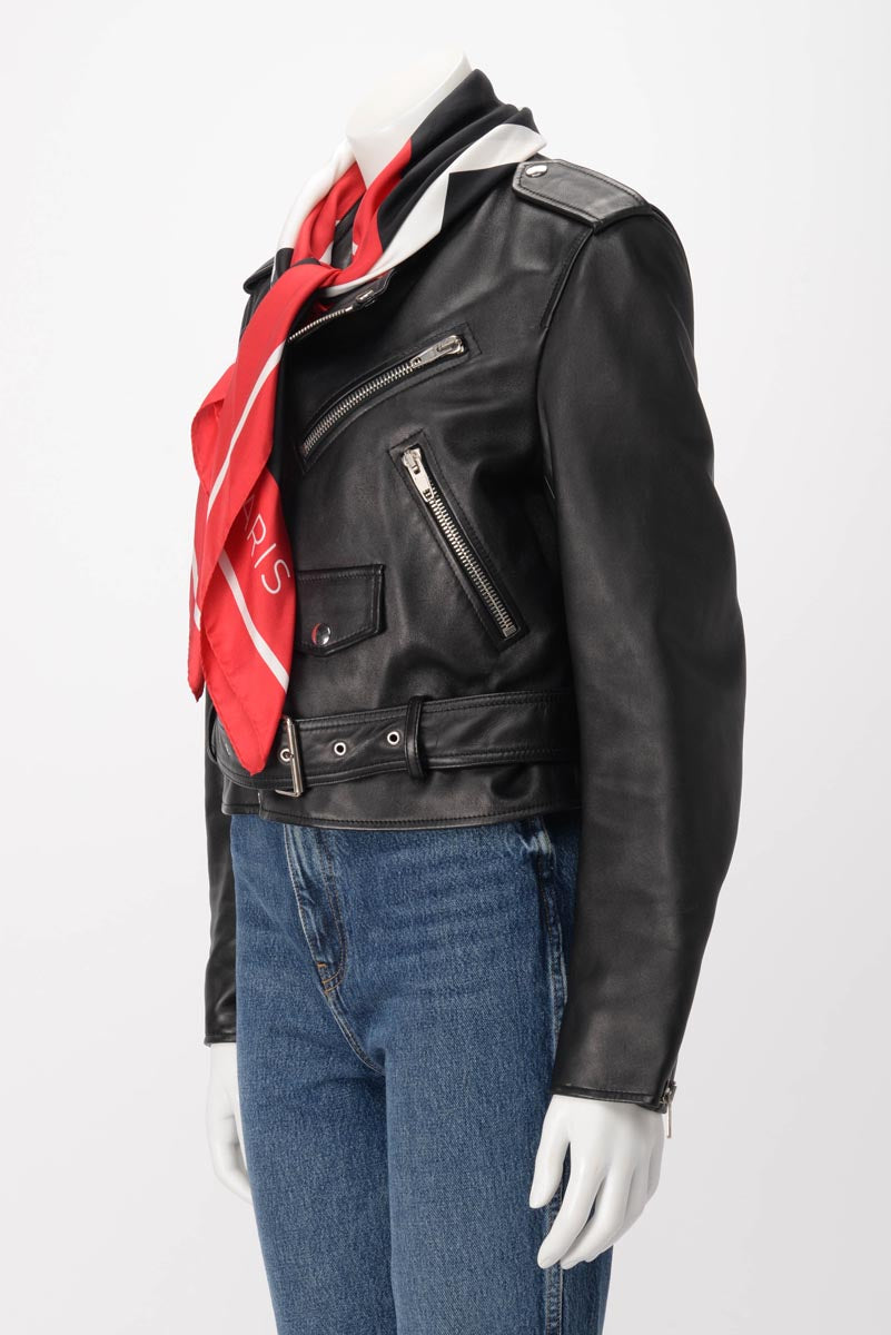 Balenciaga Black Lambskin Detachable Scarf Biker Jacket FR 40
