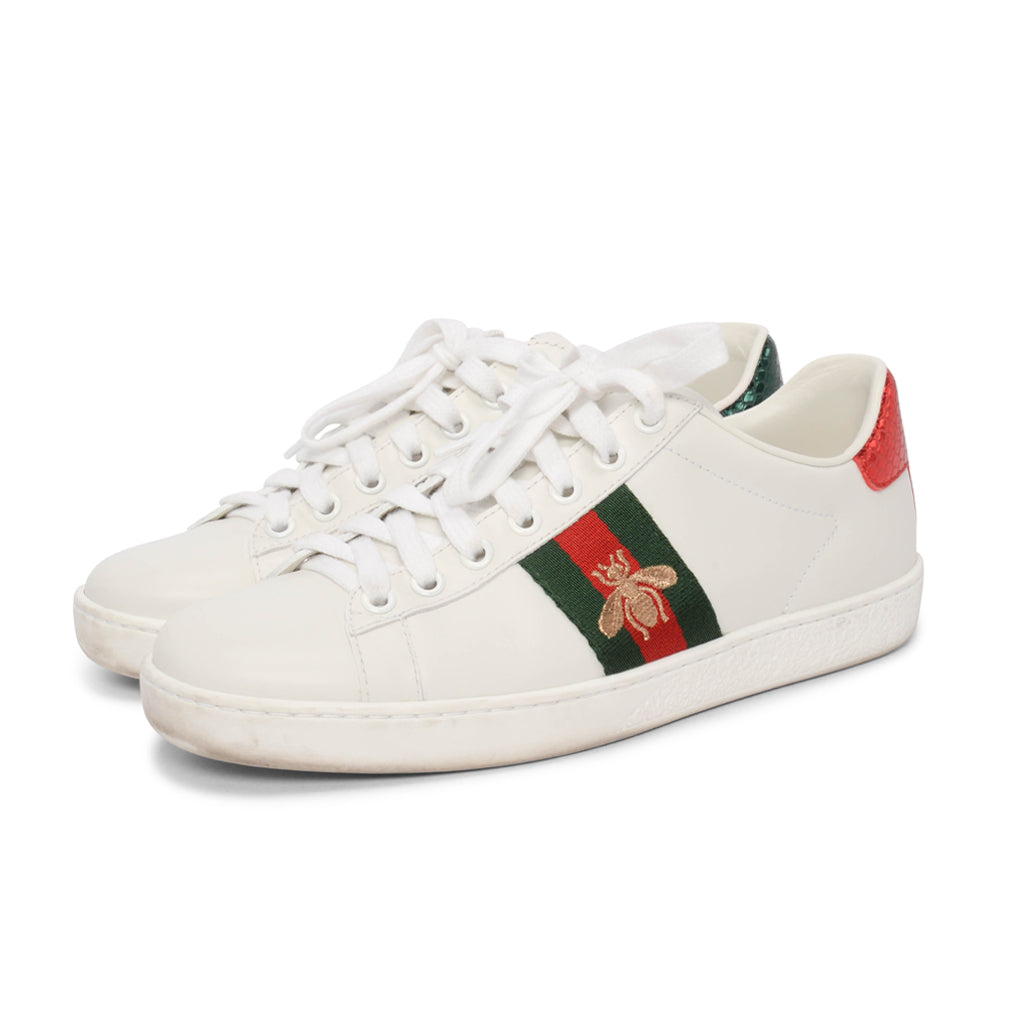 Gucci White Calfskin Bee Embroidered Ace Sneakers 36