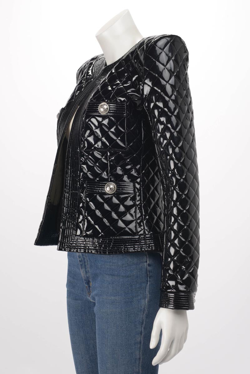 Balmain Black Patent Quilted Jacket FR 38