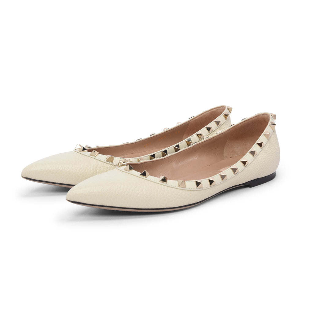 Valentino Cream Grained Calfskin Rockstud Ballerina Flats 39