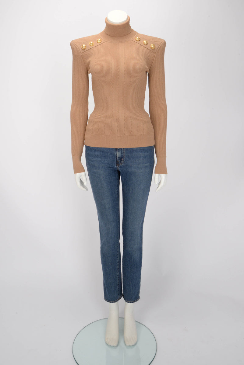 Balmain Bronze Ribbed Structured Shoulder Turtleneck Top FR 38
