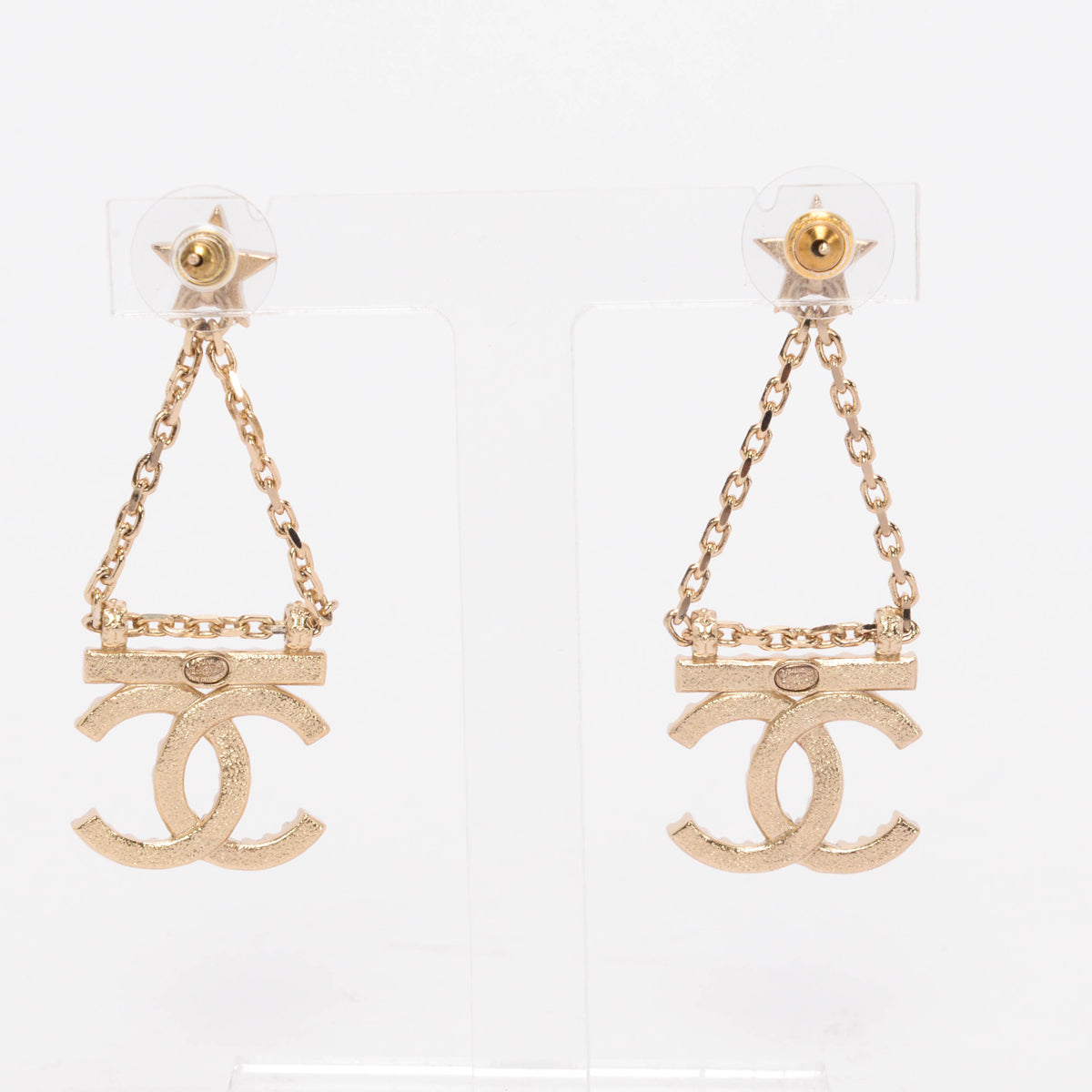 Chanel Light Gold Crystal Star Drop CC Earrings