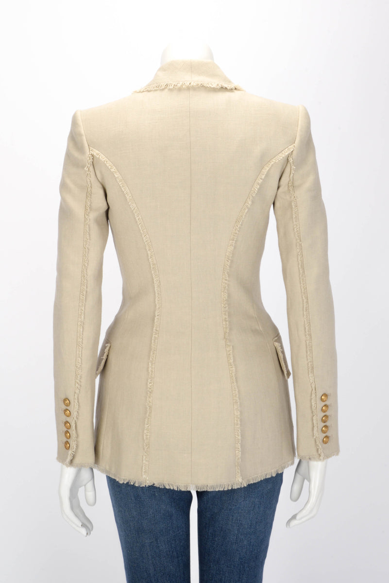 Balmain Beige Linen Fringed Double Breasted Blazer FR 34
