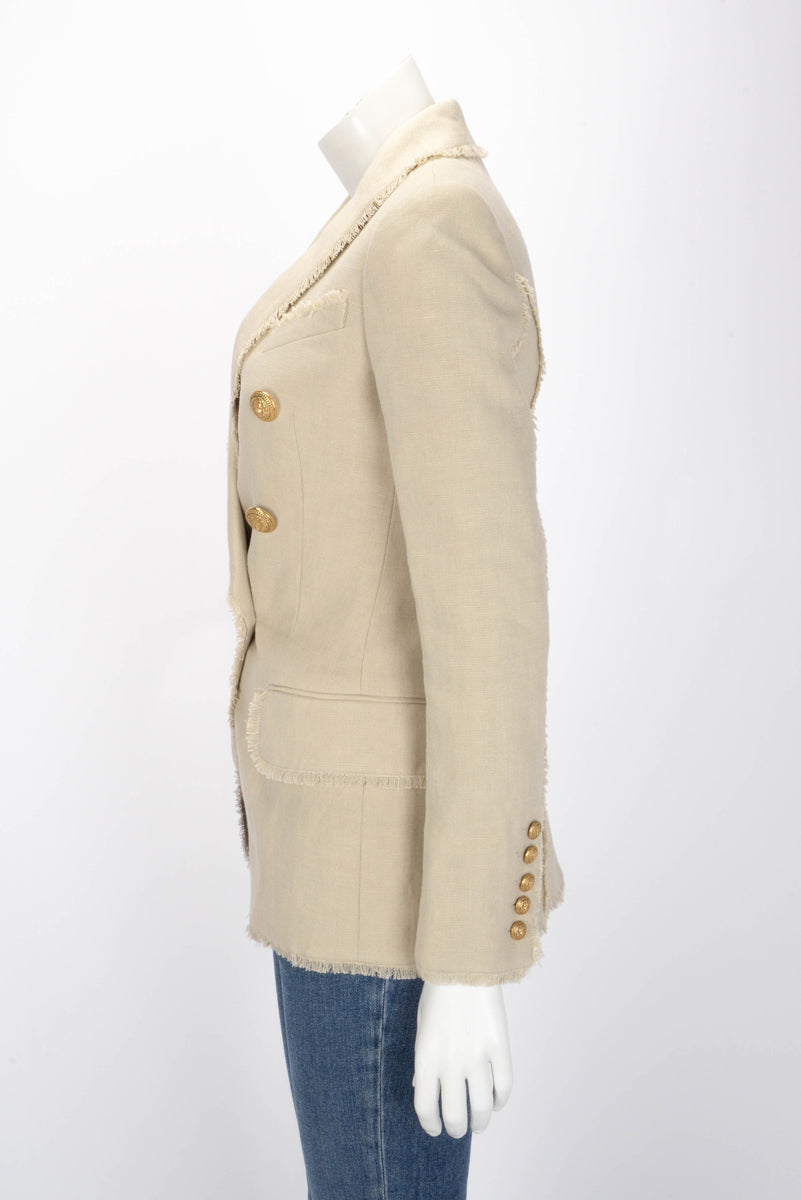 Balmain Beige Linen Fringed Double Breasted Blazer FR 34