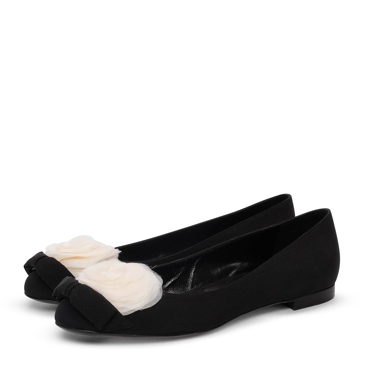 Chanel Black Crepe Camellia Bow Ballerina Flats 37.5