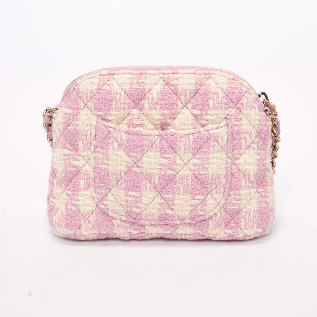Chanel Pink & White Check Tweed Clutch With Chain