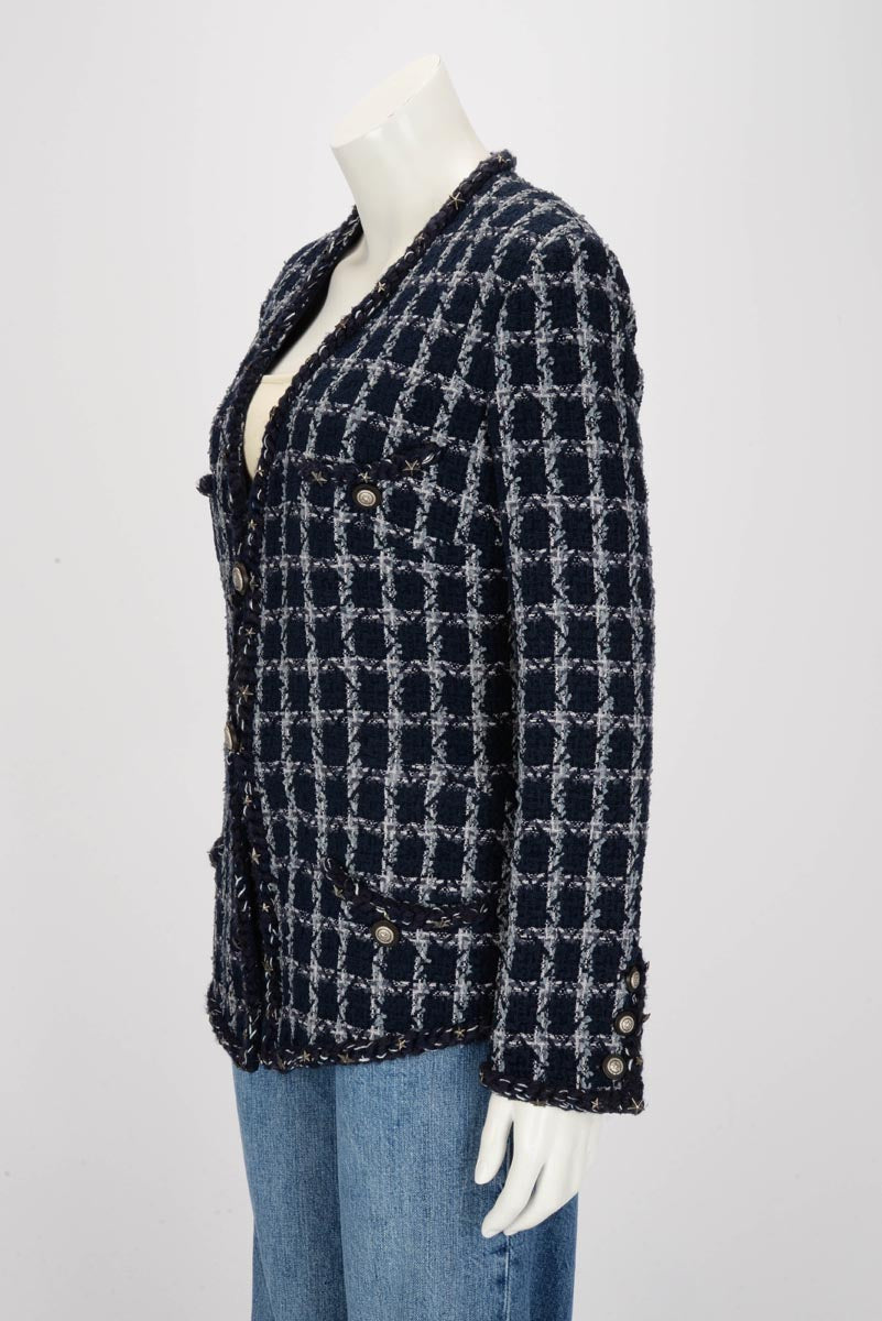 Chanel Navy Fantasy Tweed Paris to Dallas Jacket FR 44