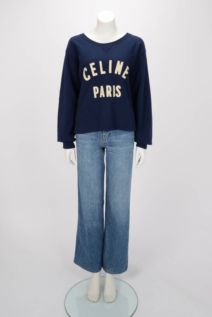 Celine Navy Cotton Logo Cropped Sweater L