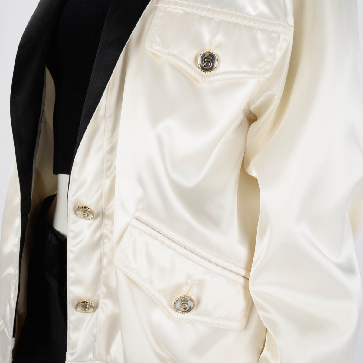 Chanel Cream & Black Satin Bomber Jacket FR 36