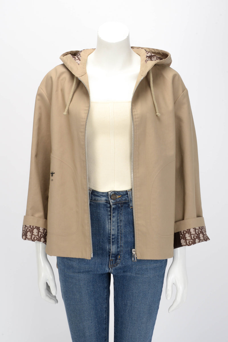 Dior Beige Gabardine Oblique Lined Hooded Zip Jacket S