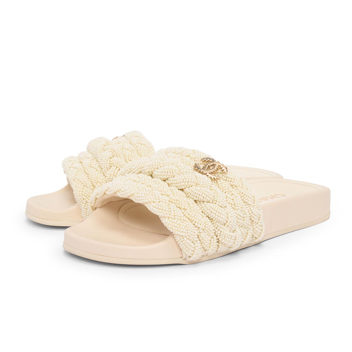 Chanel Beige Lambskin Pearl Braided Slides 35