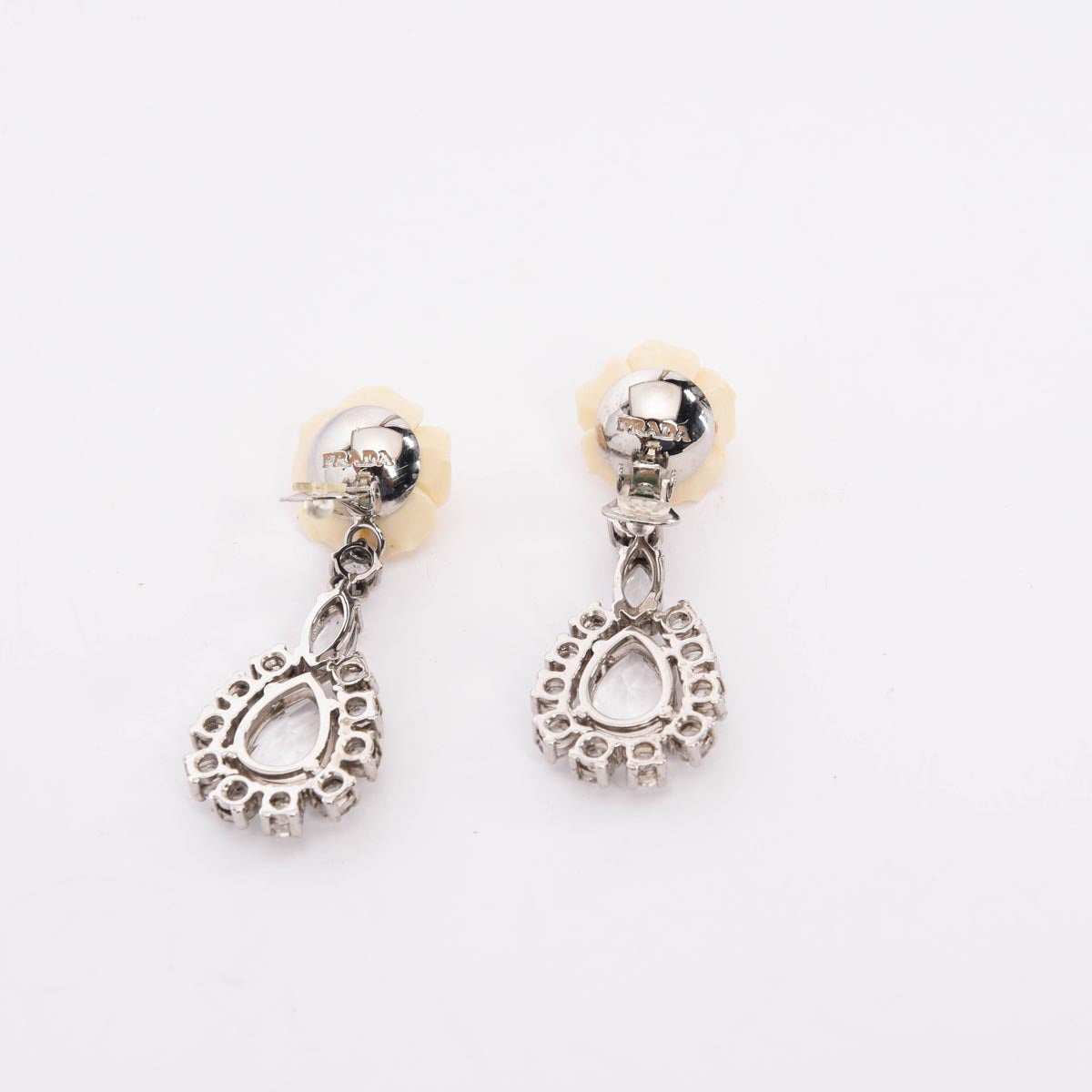Prada Cream & Silver Crystal Rose Drop Clip Earrings