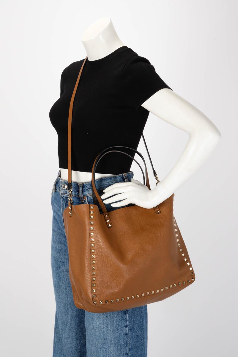 Valentino Black & Tan Grained Calfskin Reversible Rockstud Tote