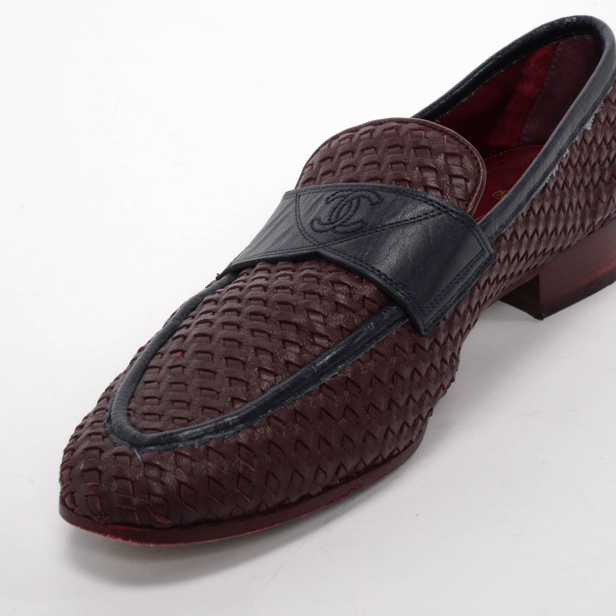 Chanel Burgundy & Navy Woven Leather CC Loafers 38.5
