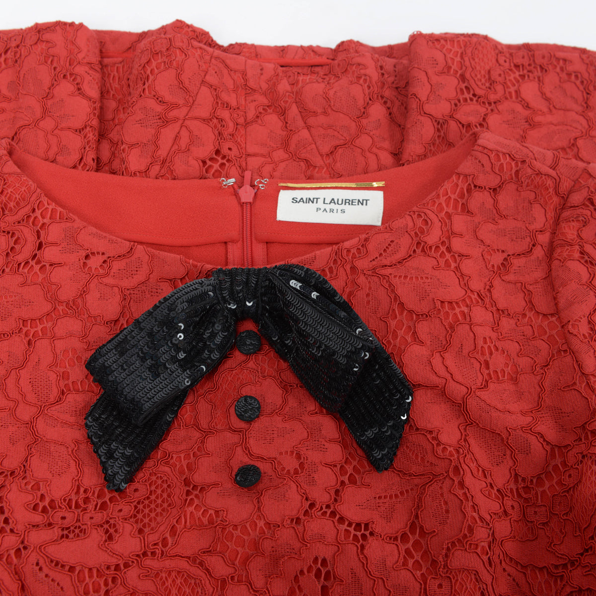 Saint Laurent Red Lace Sequin Bow Dress FR 36