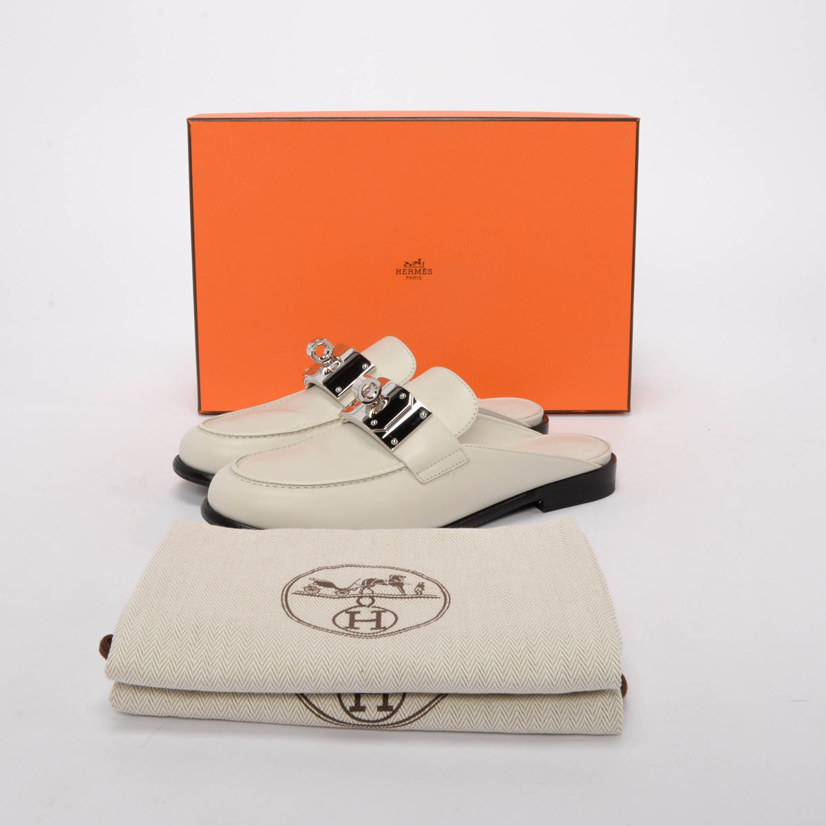 Hermes Blanc de Paris Calfskin Lota Mules 36