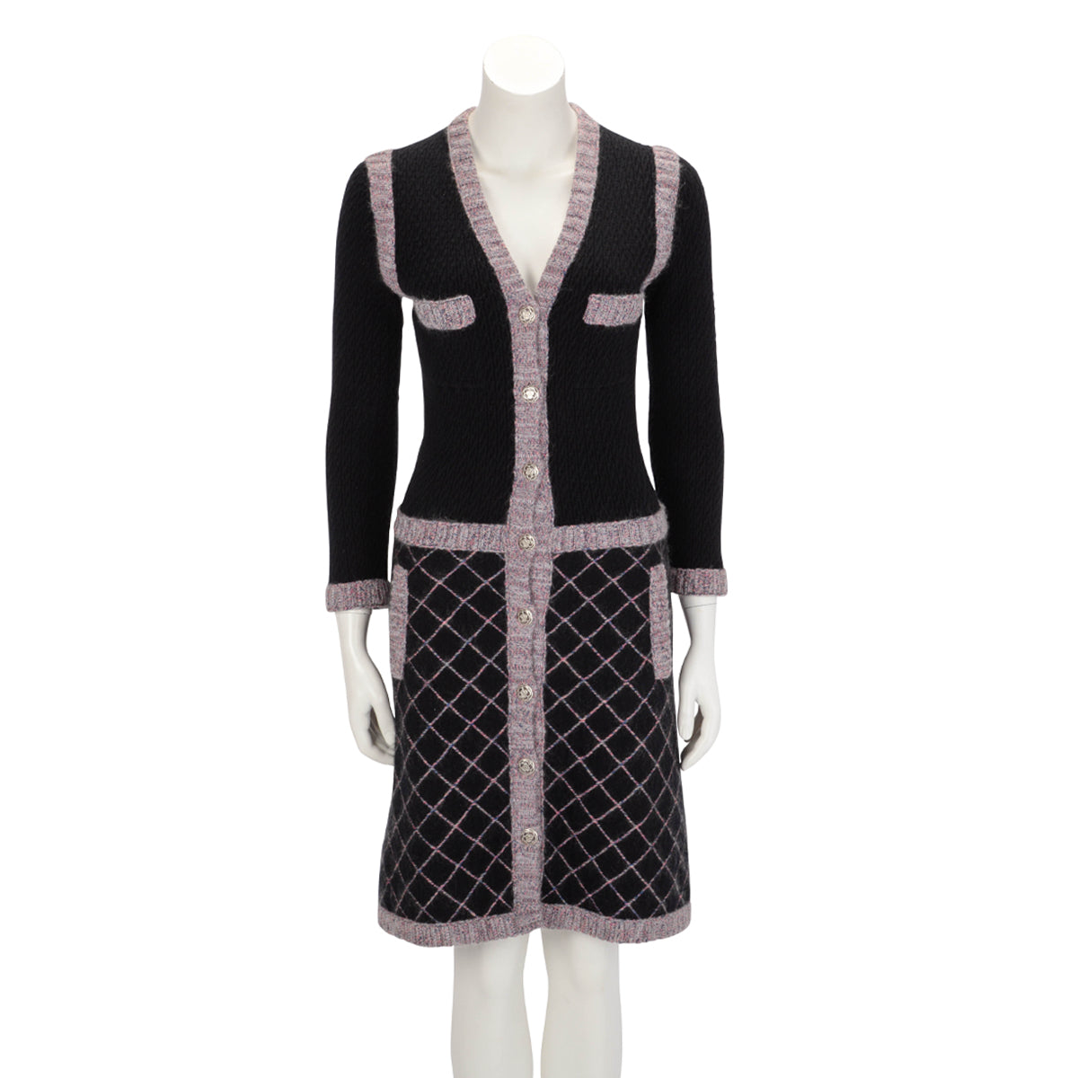 Chanel Black & Purple Cashmere Camellia Button Dress FR 36