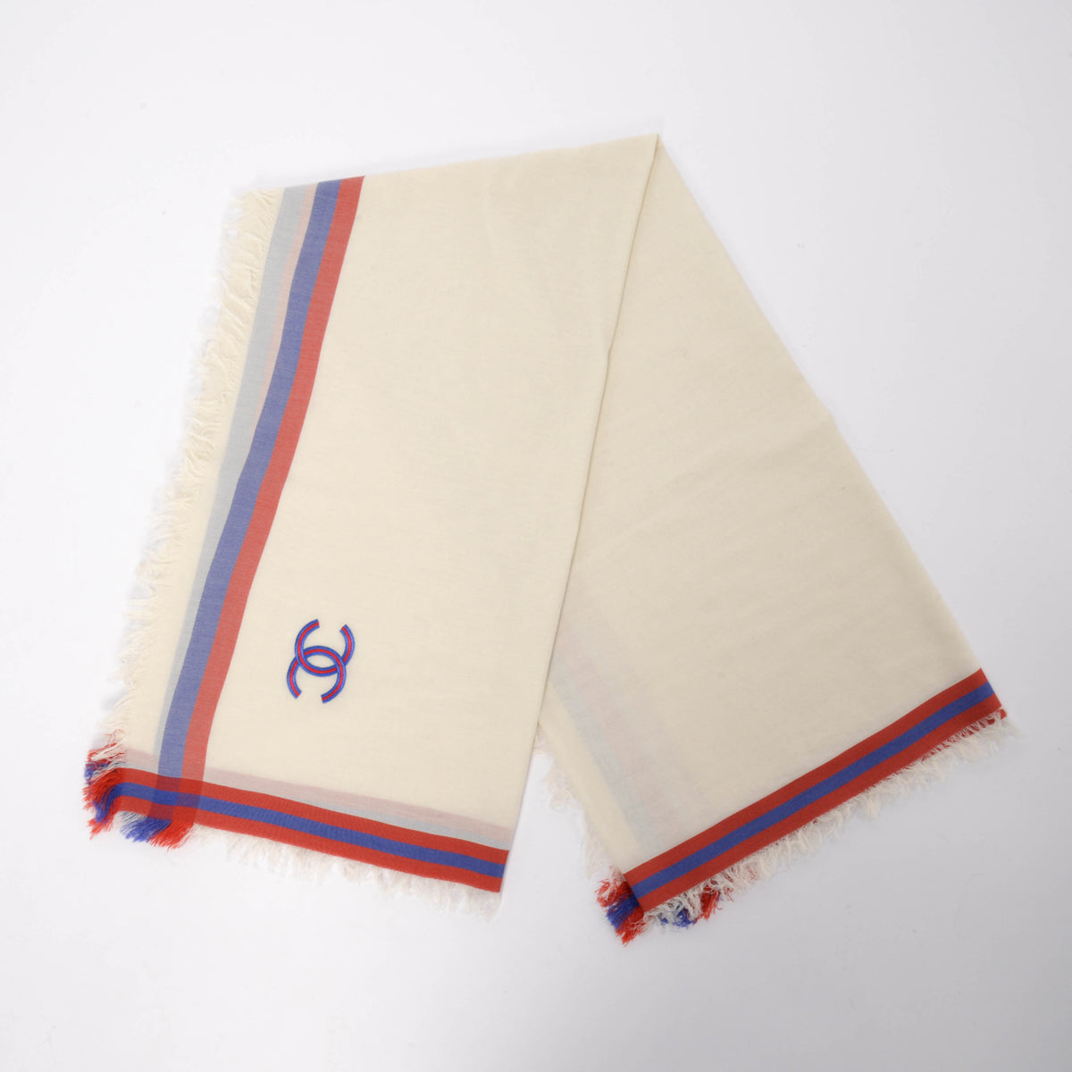 Chanel White Striped Cotton & Silk CC Shawl