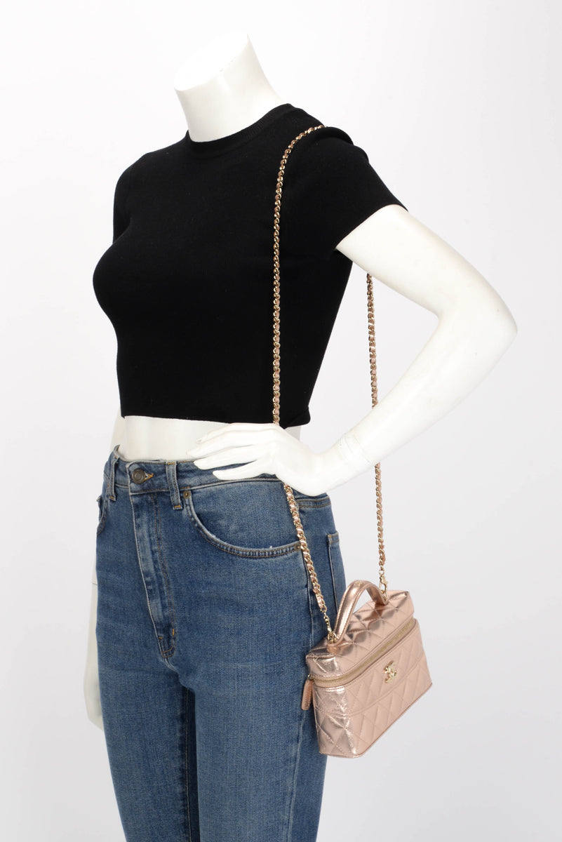 Chanel Rose Gold Quilted Caviar Top Handle Slim Vanity Case