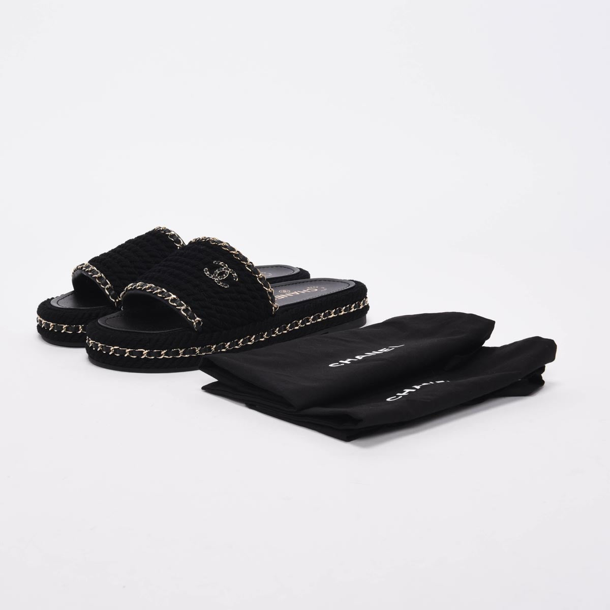 Chanel Black Braided Rope CC Platform Slides 38