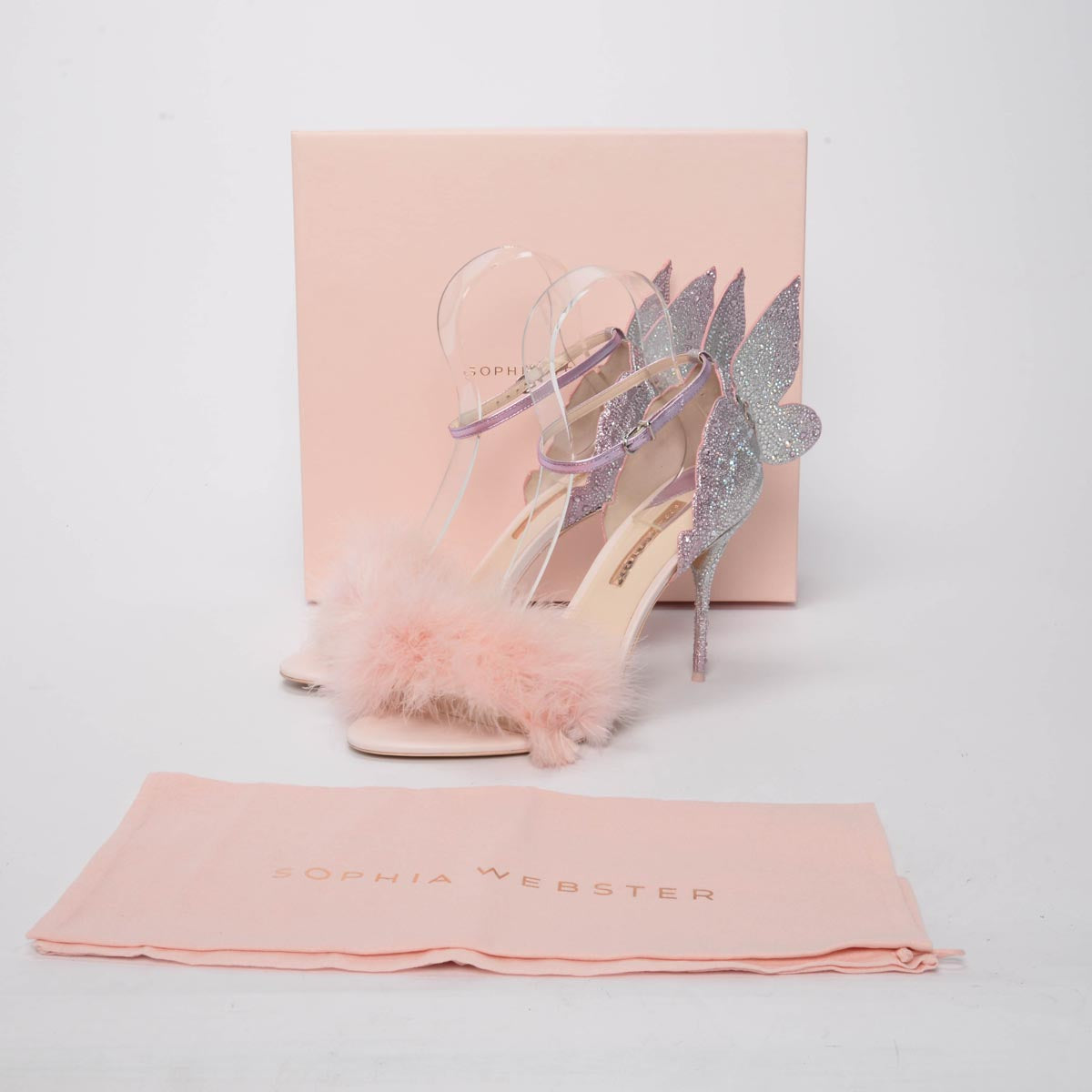 Sophia Webster Heavenly Pink Satin & Crystal Chiara Butterfly Sandals 45