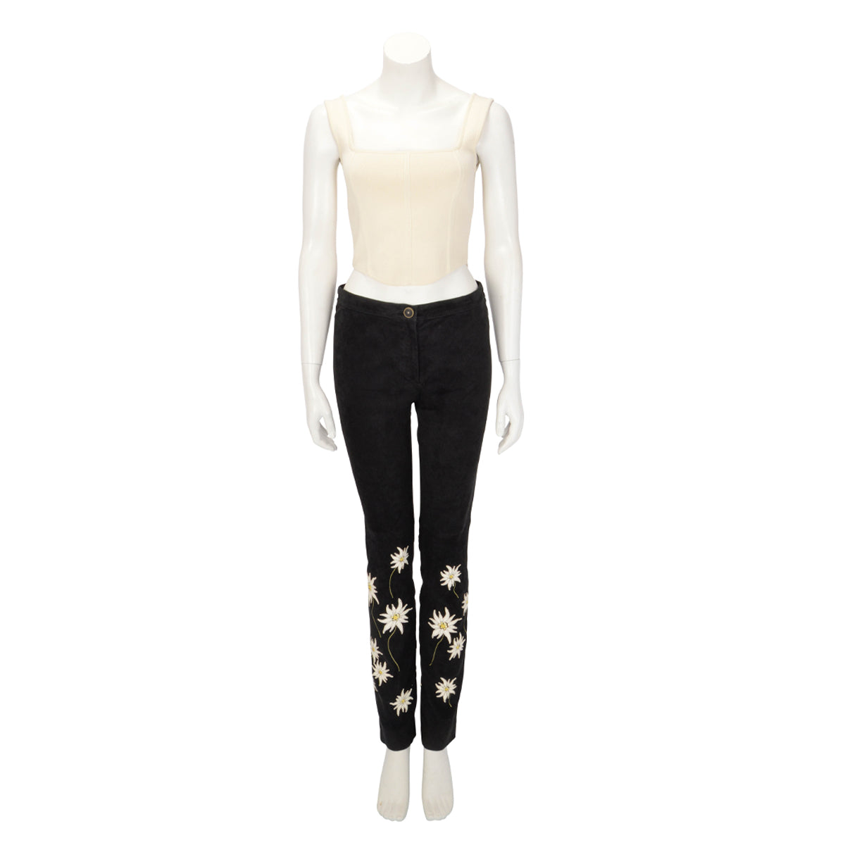 Chanel Black Suede Applique Flower Pants FR 40