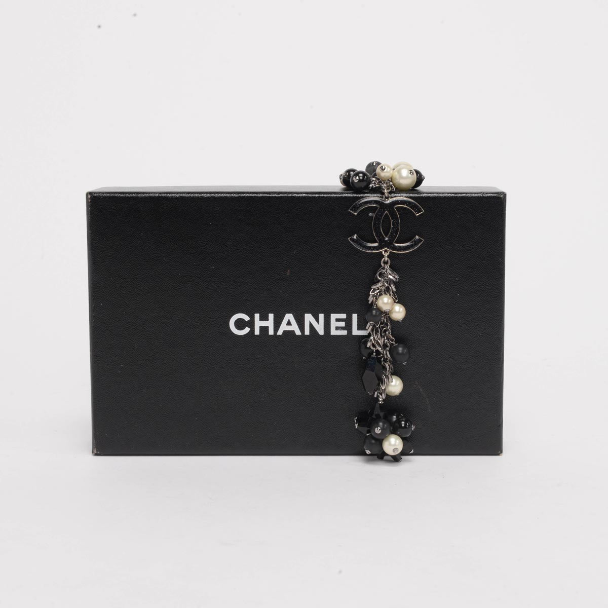 Chanel Pearl & Black Beaded Silver Chain CC Necklace
