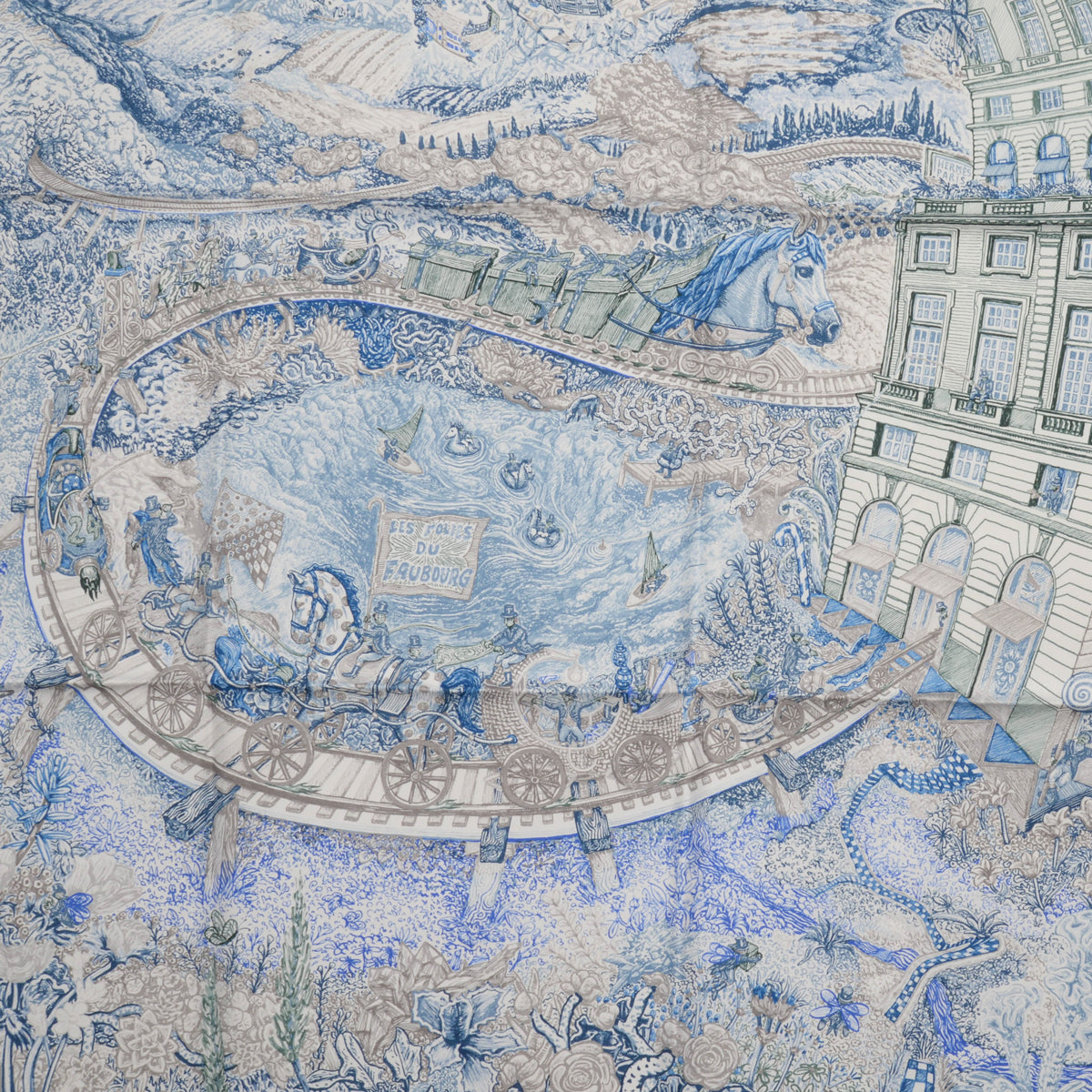 Hermes Blue Electric Silk Les Folies Du Faubourg Scarf