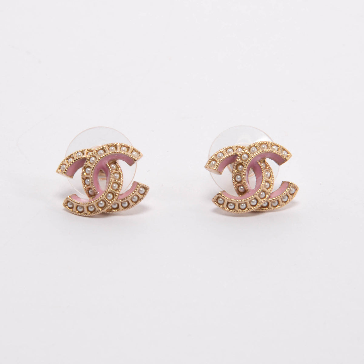 Chanel Pink & Gold Pearl CC Stud Earrings