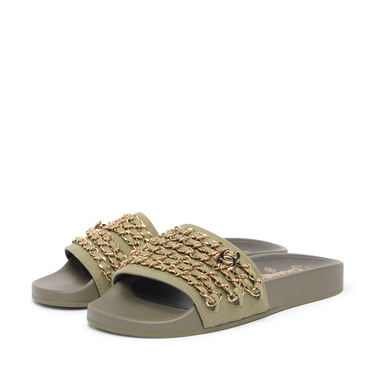 Chanel Khaki Canvas Chain Trim Slides 36