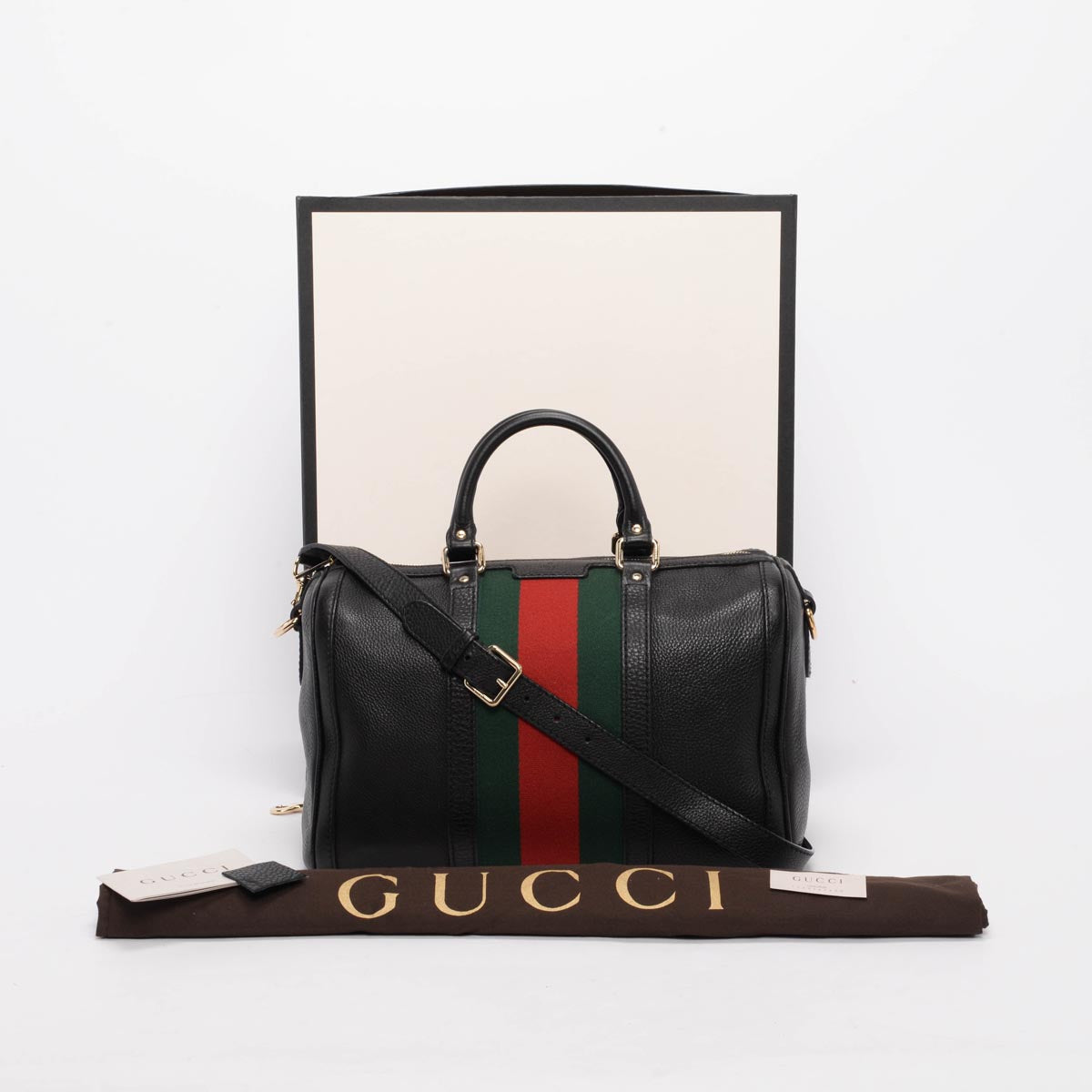 Gucci Black Grained Calfskin Vintage Web Medium Boston Bag