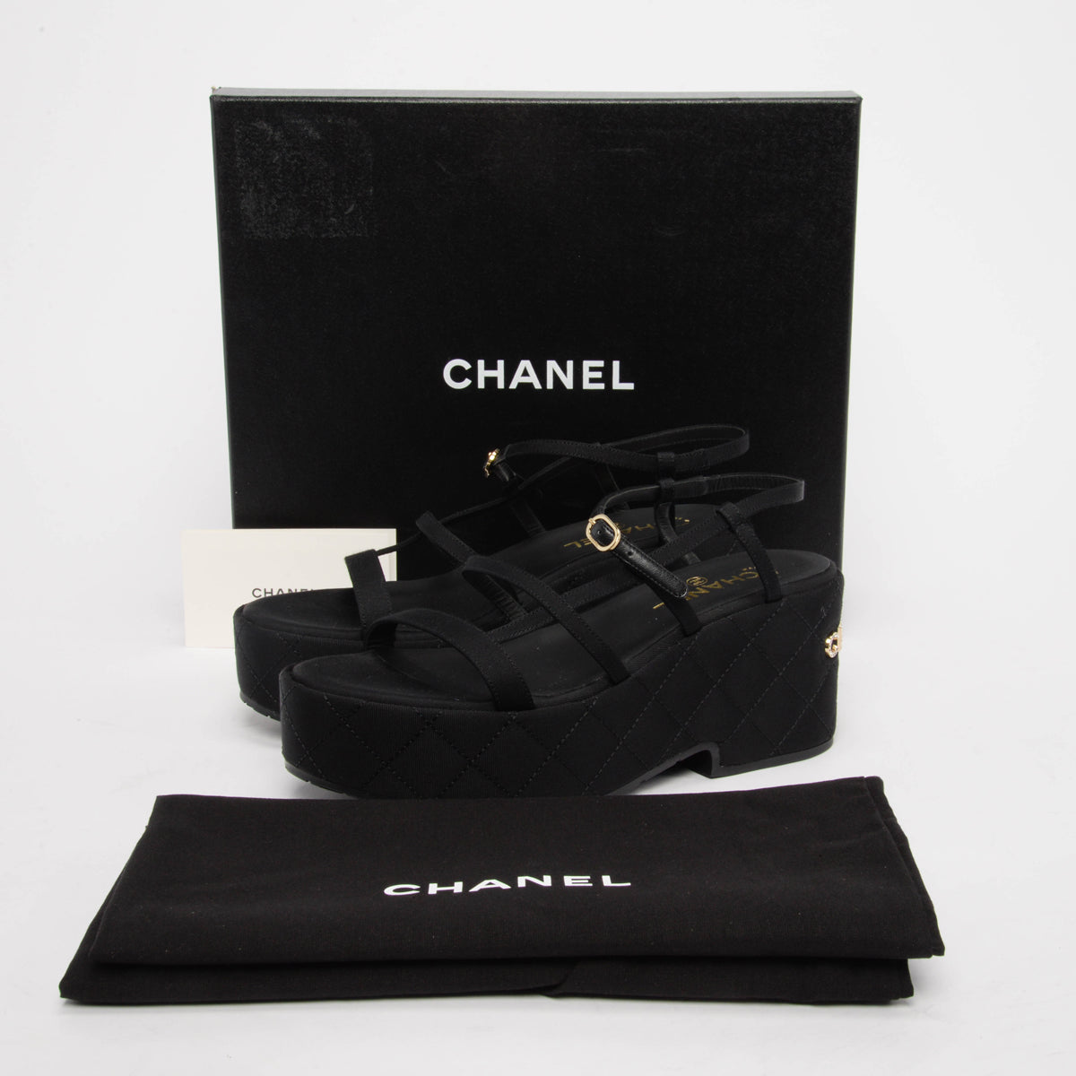 Chanel Black Grosgrain Crystal Logo Platform Sandals 40