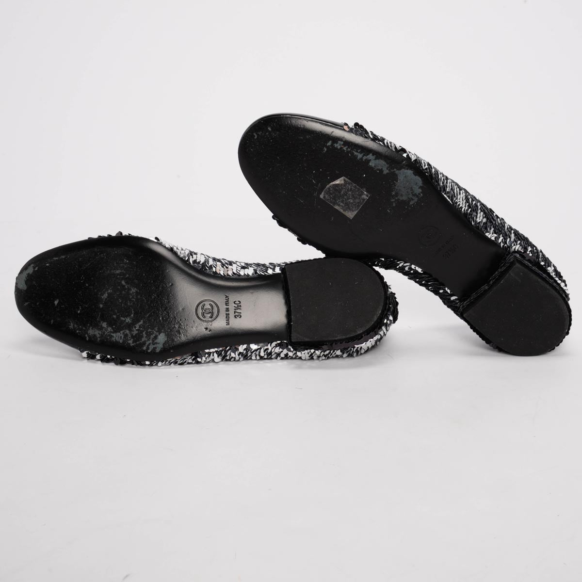 Chanel Black & Silver Sequin Encrusted CC Ballerina Flats 37.5