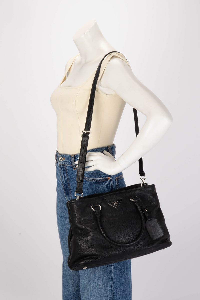 Prada Black Vitello Daino Convertible Shopping Tote