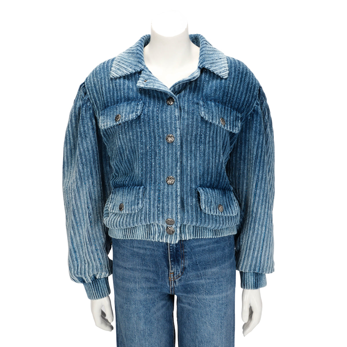 Chanel Blue Velvet & Strass Bomber Jacket FR 34