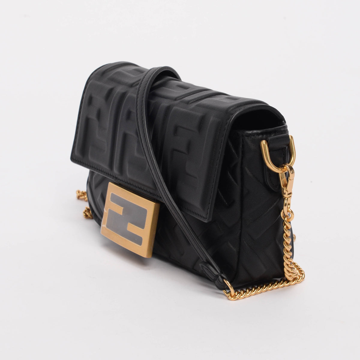 Fendi Black Nappa Leather FF Motif Mini Baguette