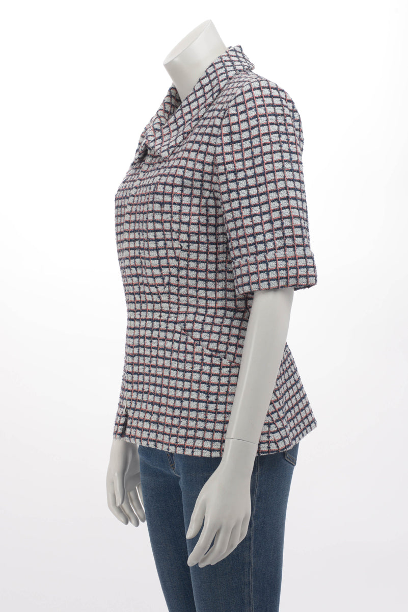 Chanel Pink & Blue Check Tweed Short Sleeve Jacket FR 40