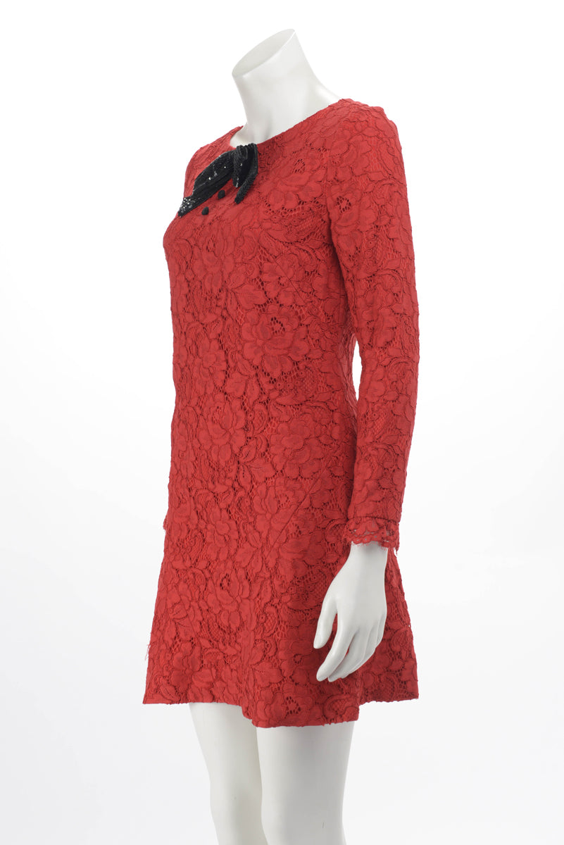 Saint Laurent Red Lace Sequin Bow Dress FR 36