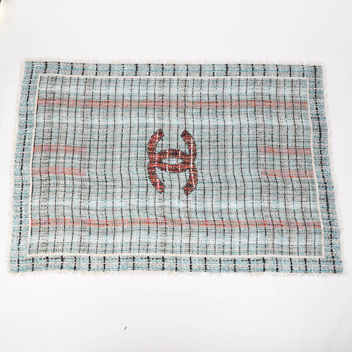 Chanel Turquoise Silk Tweed Print CC Shawl
