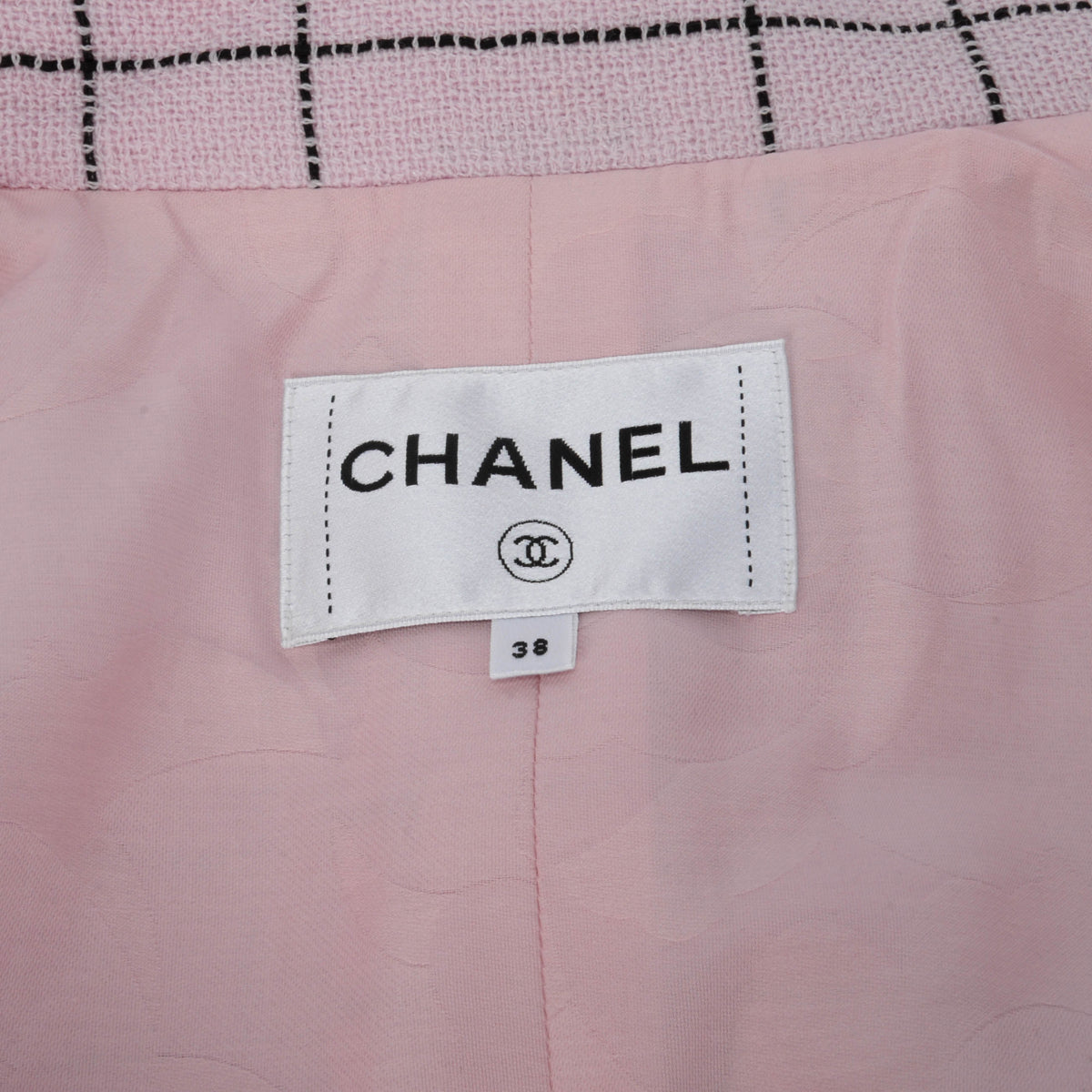 Chanel Pink Wool Check Self Belt Jacket FR 38