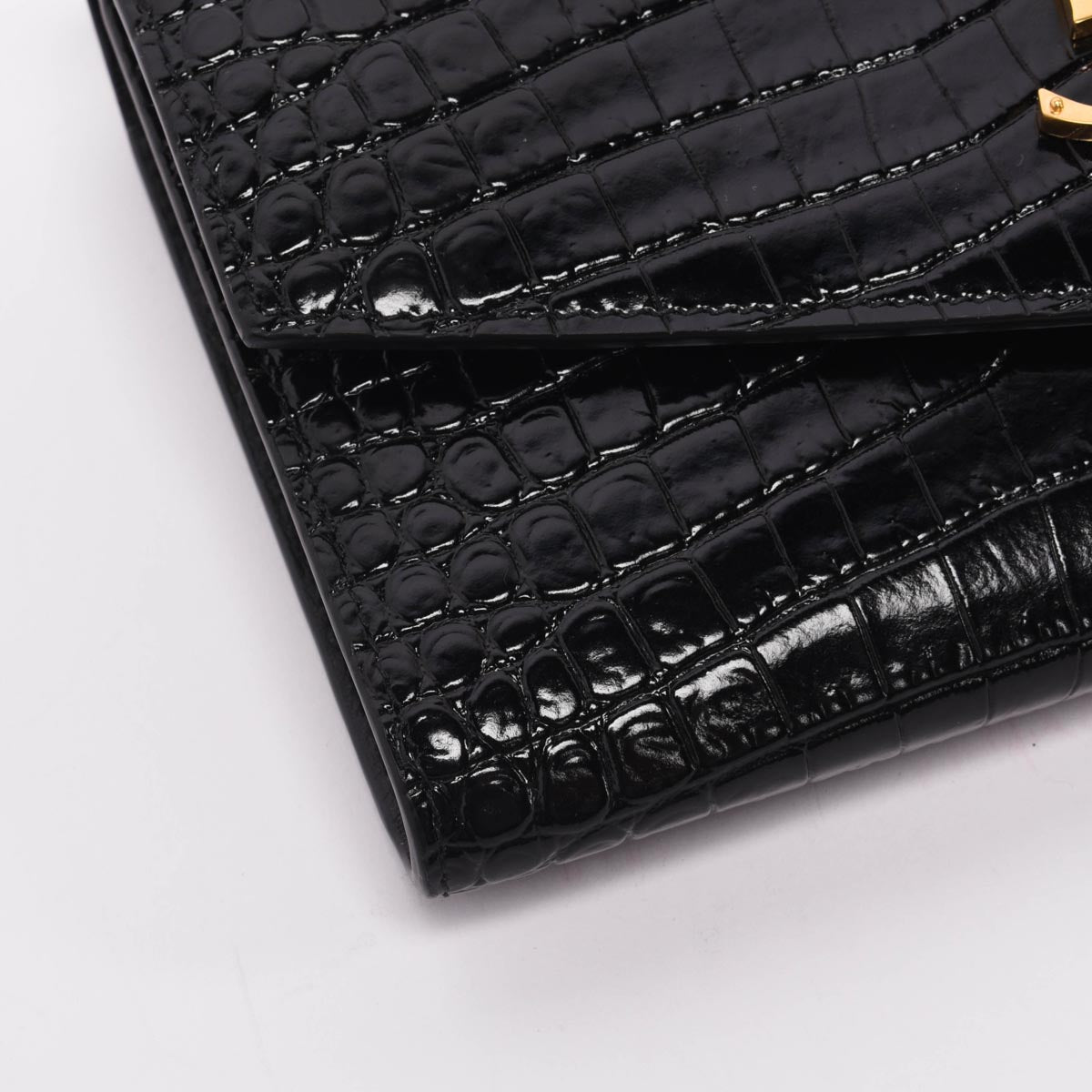 Saint Laurent Black Croc Embossed Uptown Chain Wallet