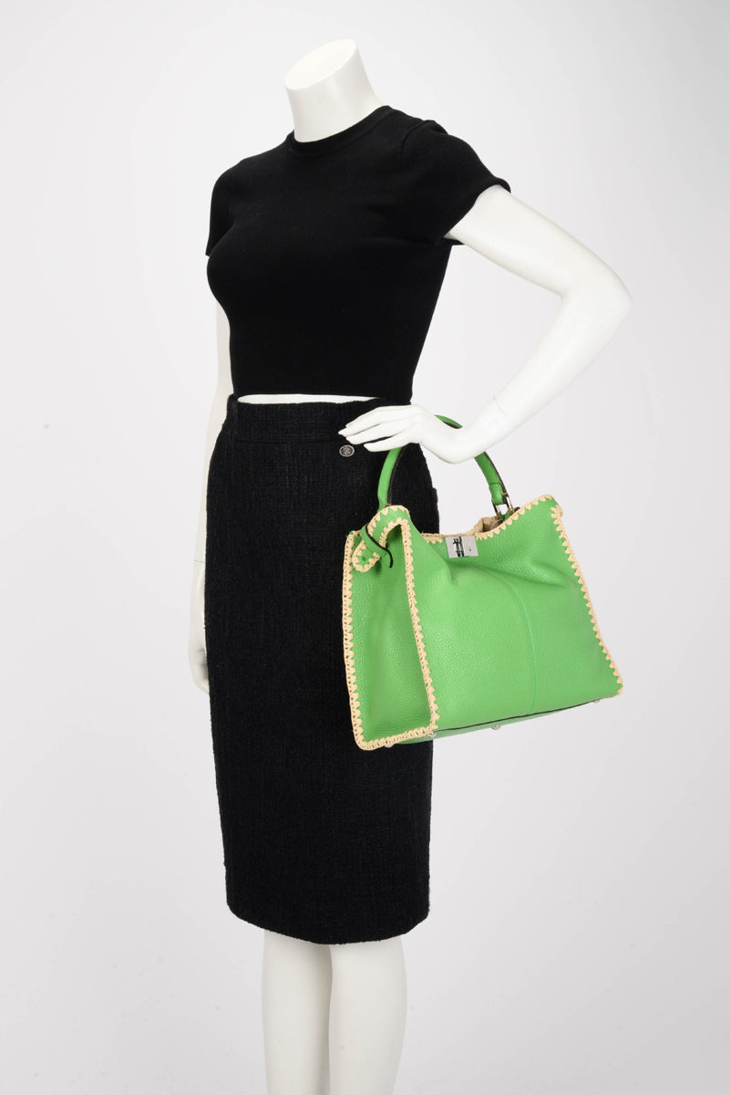 Fendi Lime Calfskin & Raffia Medium Peekaboo X-Lite Bag