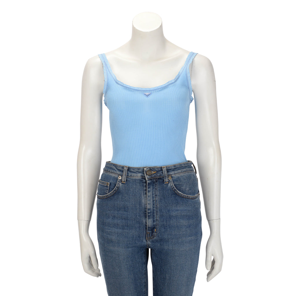 Prada Blue Ribbed Knit Lace Trim Logo Singlet IT 44