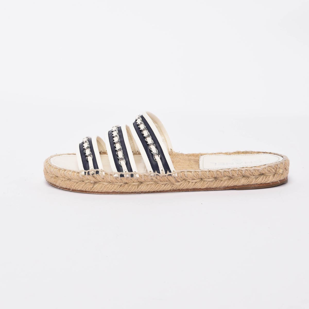 Chanel White & Navy Chain Espadrille Slides 40