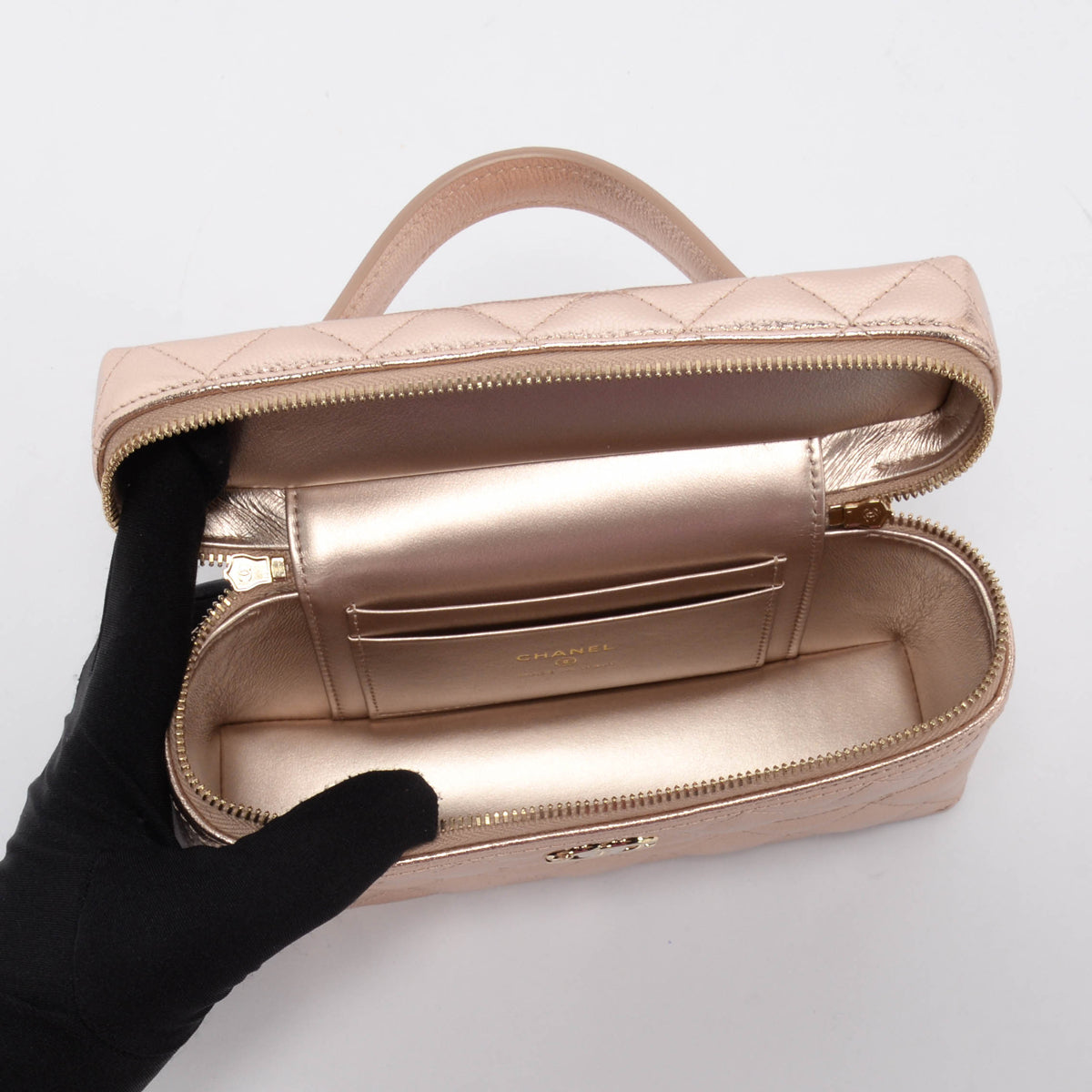 Chanel Rose Gold Quilted Caviar Top Handle Slim Vanity Case