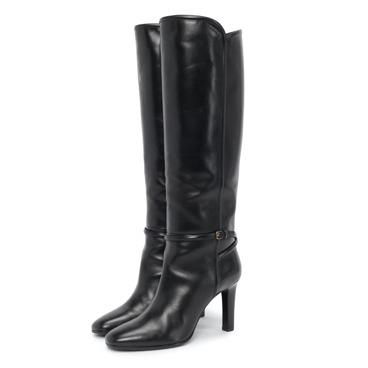 Saint Laurent Black Polished Leather Jane Buckle Boots 39.5