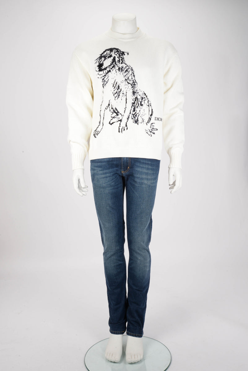 Dior White Cotton Knit Charleston Wolf Sweater L